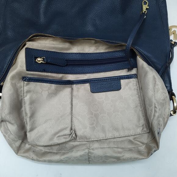 Michael Kors Rhea Blue Pebbled Leather Zipper Pocket Hobo Shoulder Bag - Picture 11 of 16